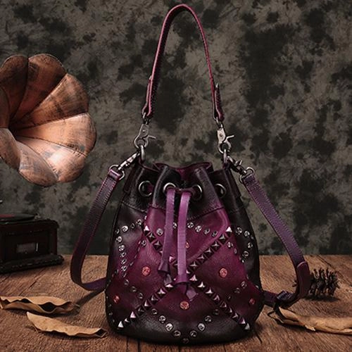 Brown Leather Womens Bucket Handbag Shoulder Bag Studded Western Leather Shoulder Barrel Bag Purse Comfort Style Urban Fashion