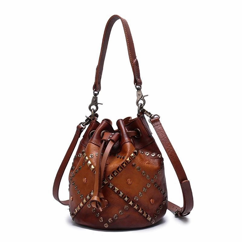 Brown Leather Womens Bucket Handbag Shoulder Bag Studded Western Leather Shoulder Barrel Bag Purse Compact Carry