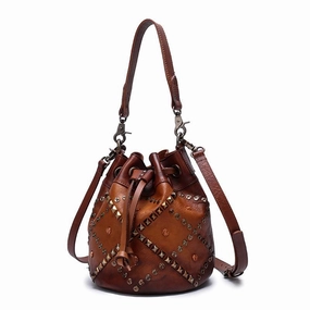 Lightweight Design Brown Leather Womens Bucket Handbag Shoulder Bag Studded Western Leather Shoulder Barrel Bag Purse