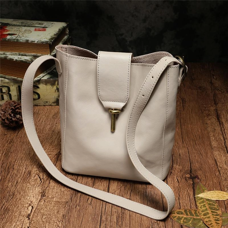 Brown Leather Womens Bucket Shoulder Bag Bucket Side Bag Barrel Shoulder Purse for Ladies Minimal Carry Casual Trend