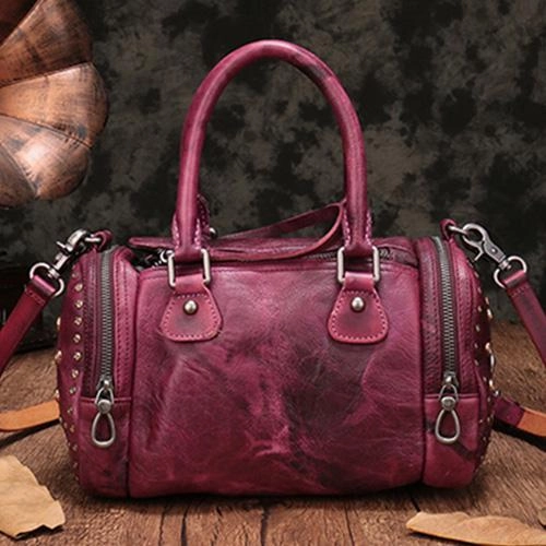 Polished Finish Urban Function Brown Rivet Vintage Womens Leather Handbags Boston Purse Western Leather Boston Purses for Ladies