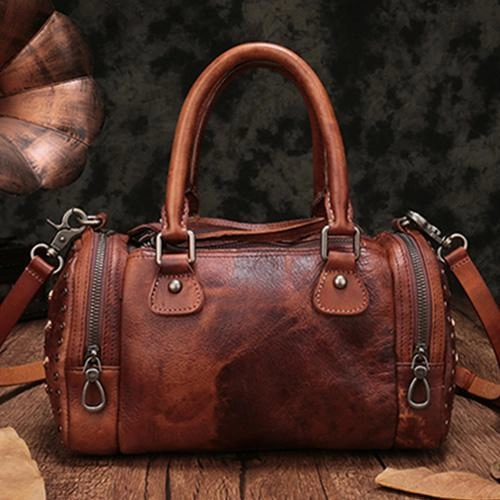Craftsmanship Pride Brown Rivet Vintage Womens Leather Handbags Boston Purse Western Leather Boston Purses for Ladies