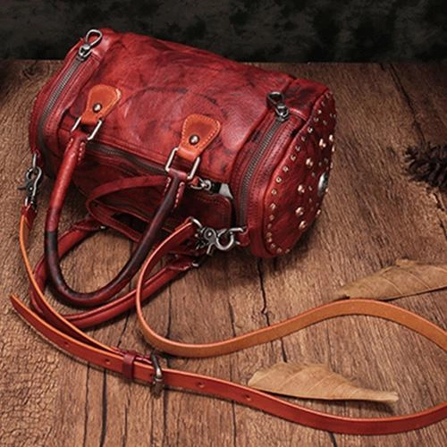 Brown Rivet Vintage Womens Leather Handbags Boston Purse Western Leather Boston Purses for Ladies Distinct Spirit Contemporary Vision