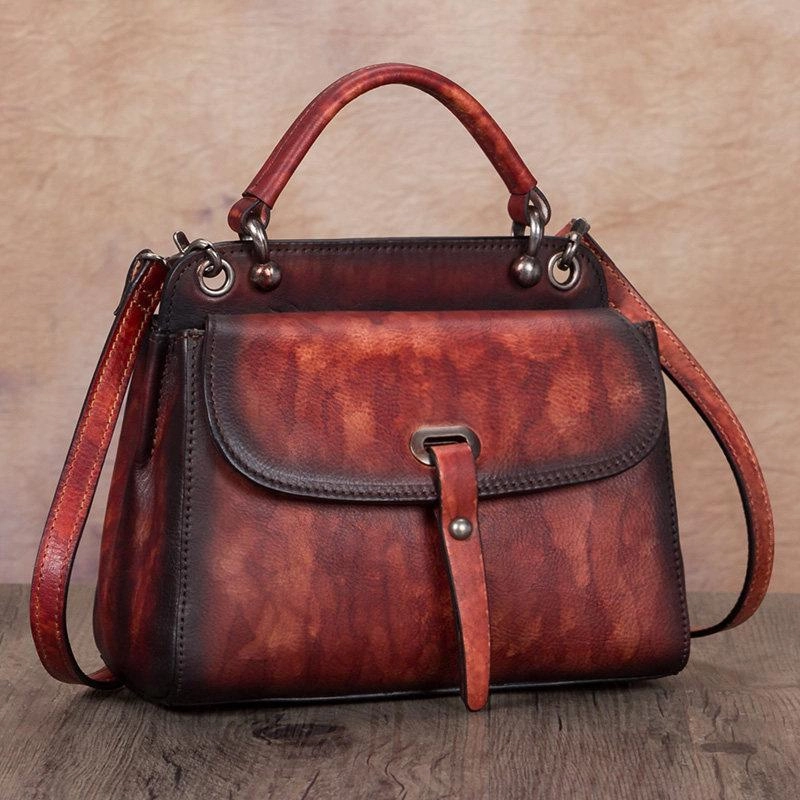 Brown Vintage Ladies Leather Square Satchel Handbag Purse Red SHoulder Bag Side Bag for WOmen Outdoor Everyday