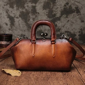 Brown Vintage Womens Doctor Handbag Vintage Leather Shoulder Doctor Bag Purse for Ladies Chic Design Soft Silhouette