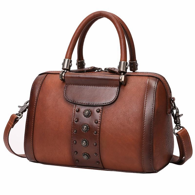 Practical travel bag Brown Vintage Womens Leather Boston Handbag Purse Black Side Bag Boston Purse for Ladies