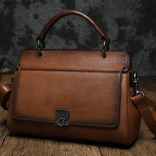 Compact Storage Travel Outfit Brown Vintage Womens Leather Satchel Handbags Red Shoulder Bag Purses for Ladies