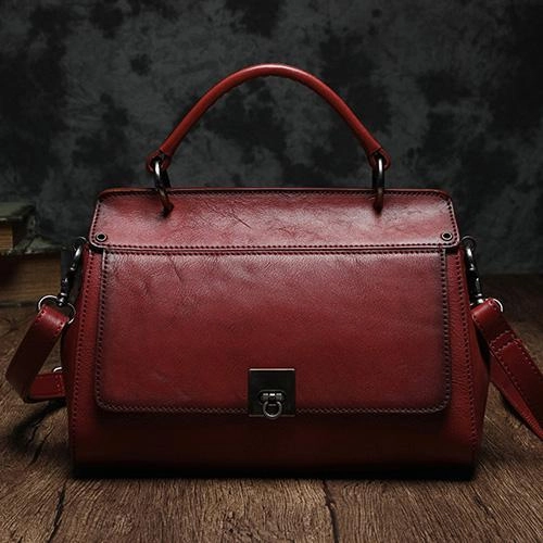 Brown Vintage Womens Leather Satchel Handbags Red Shoulder Bag Purses for Ladies Secure Zipper