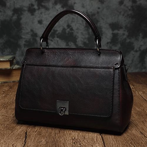 Brown Vintage Womens Leather Satchel Handbags Red Shoulder Bag Purses for Ladies simple design