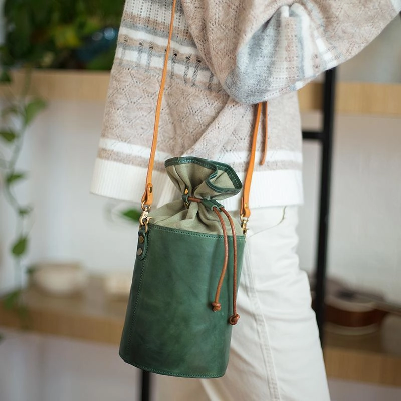 Modern Appeal Daily Look Brown Womens Leather Shoulder Bag Bucket Bag Small Green Crossbody Barrel Bag Bucket Purse for ladies