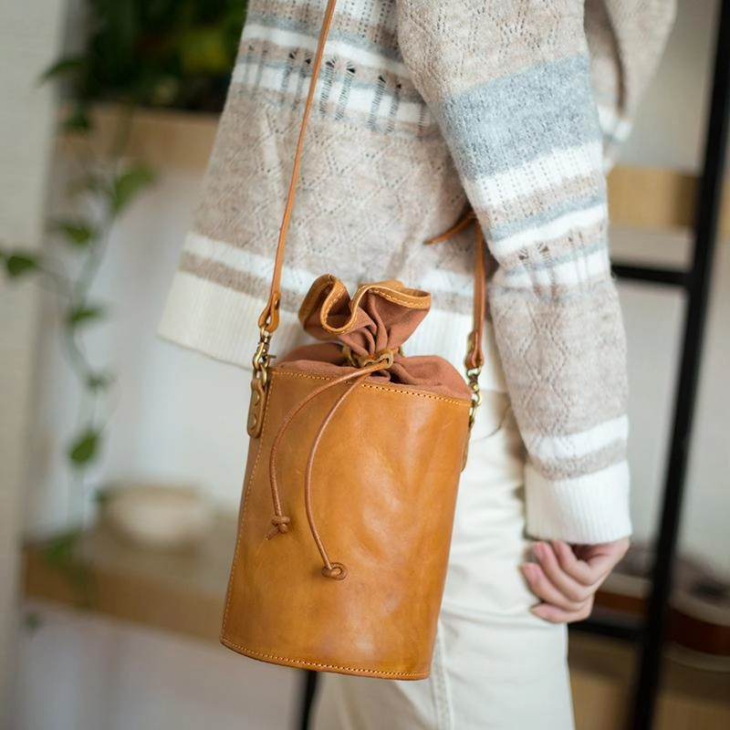 Brown Womens Leather Shoulder Bag Bucket Bag Small Green Crossbody Barrel Bag Bucket Purse for ladies Everyday Function
