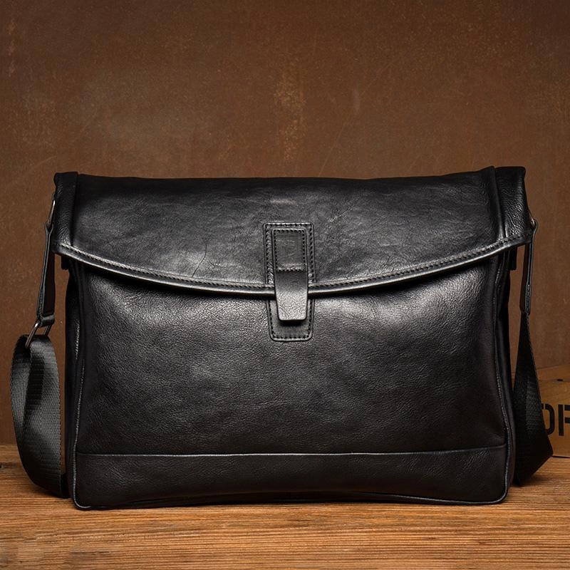 Fashion Black Leather 12 inches Mens Small Courier Bag Messenger Bags Postman Bag for Men Lightweight Function Functional Piece