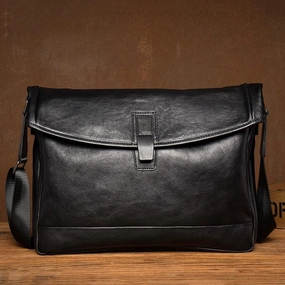 Fashion Black Leather 12 inches Mens Small Courier Bag Messenger Bags Postman Bag for Men Everyday Essential