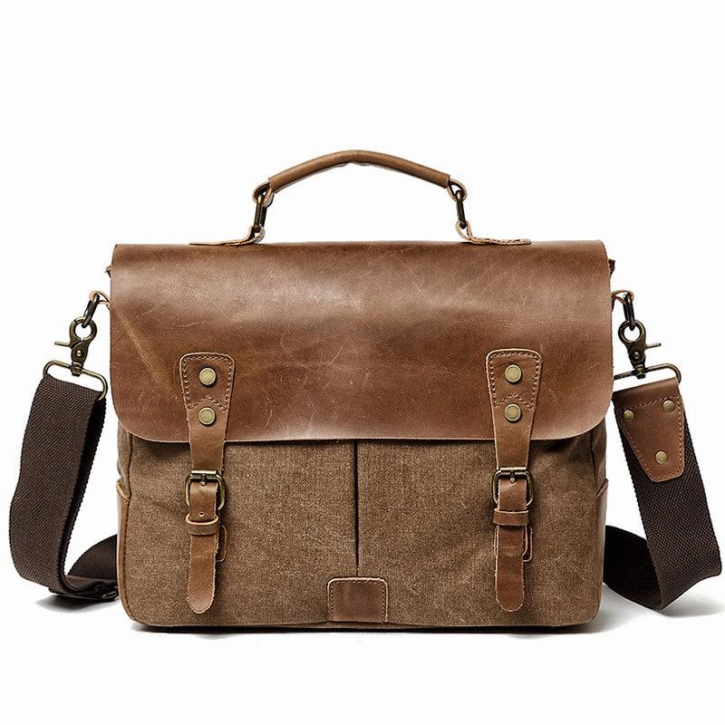 Durable Fabric Waxed Canvas Leather Mens Casual Briefcase Computer Bag 14'' Messenger Bag For Men