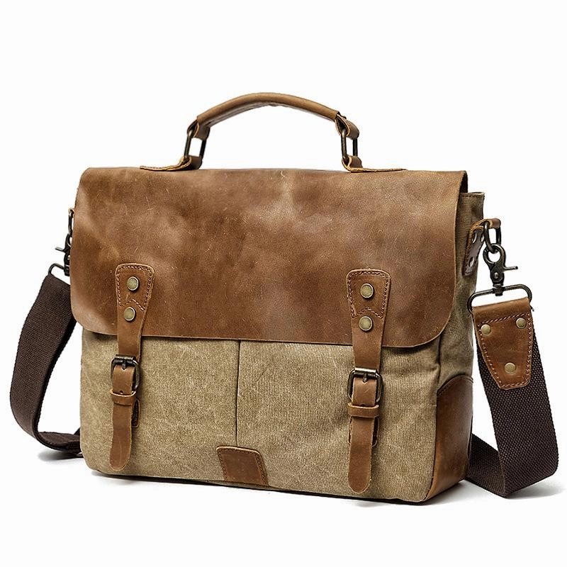 Waxed Canvas Leather Mens Casual Briefcase Computer Bag 14'' Messenger Bag For Men Daily Journey
