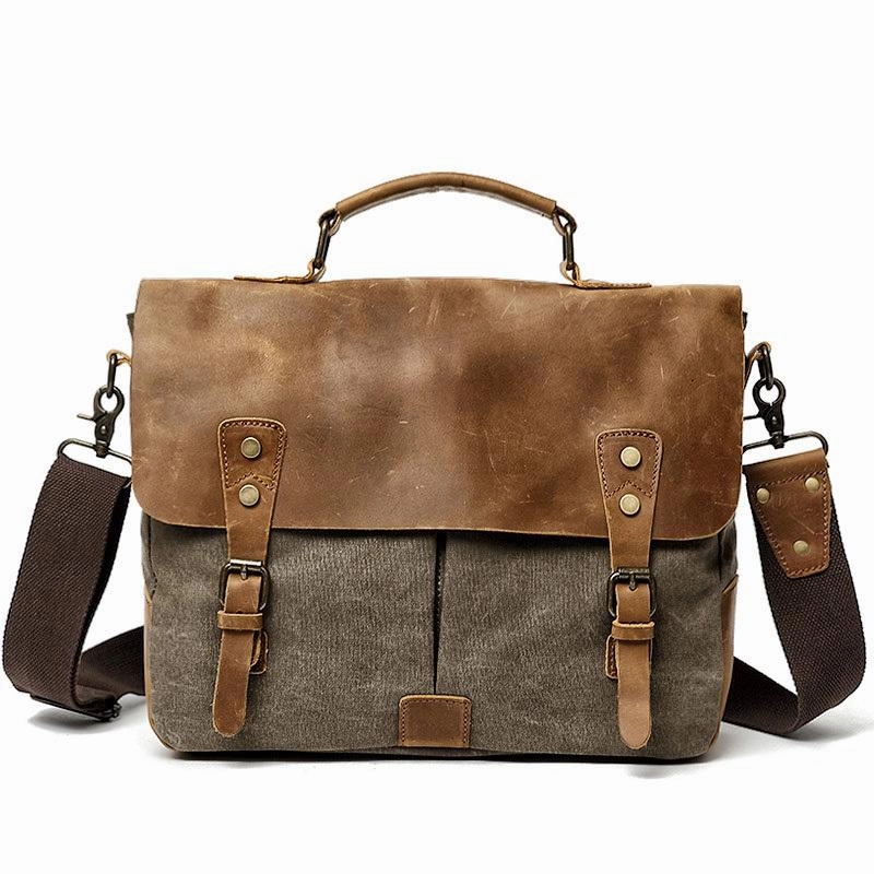 Functional Companion Casual Function Waxed Canvas Leather Mens Casual Briefcase Computer Bag 14'' Messenger Bag For Men