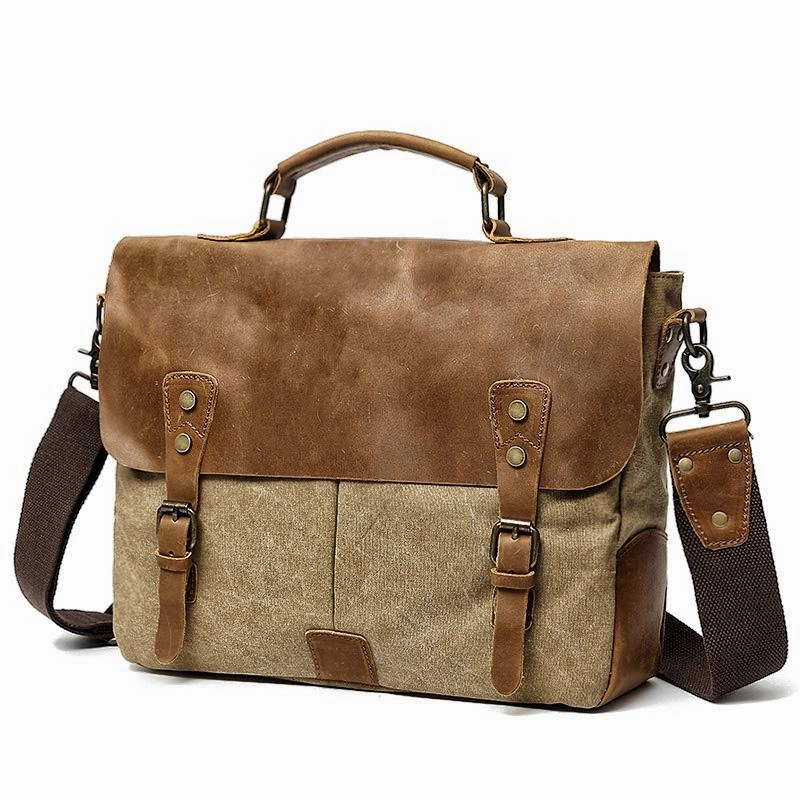 Waxed Canvas Leather Mens Casual Briefcase Computer Bag 14'' Messenger Bag For Men Trendy Look Everyday Utility