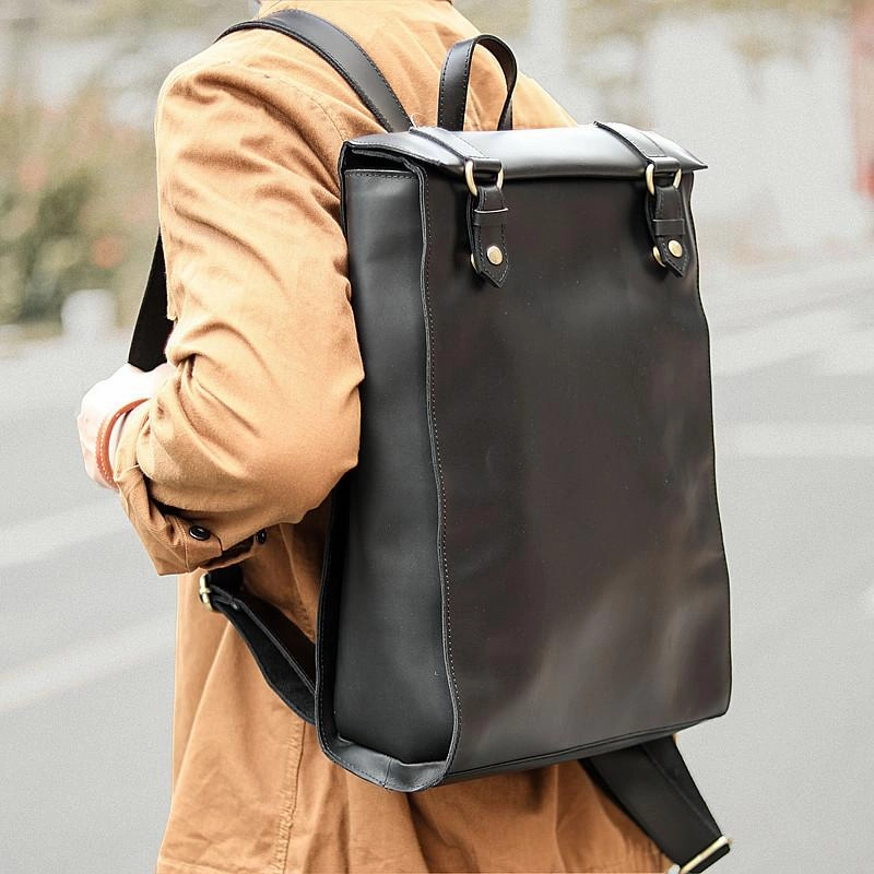 Cool Black Leather Mens Travel Backpack Work Handbag 14 inches Work Backpack For Men Classic Edge Classic bag for outings