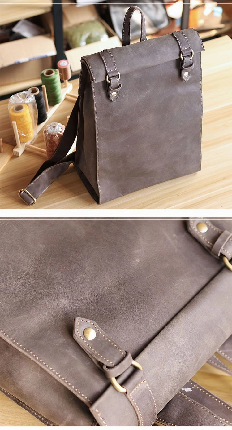 Cool Black Leather Mens Travel Backpack Work Handbag 14 inches Work Backpack For Men Minimal Geometry Stylish Daily