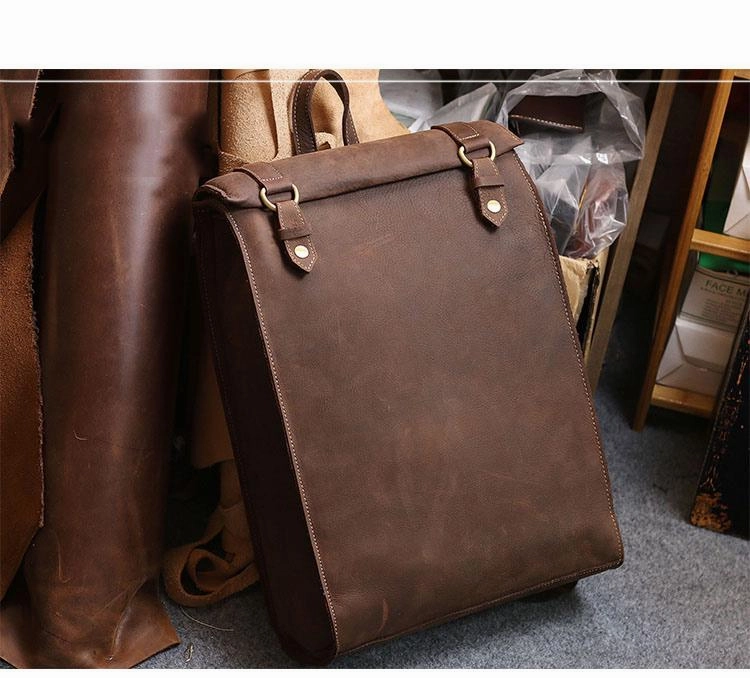 Cool Black Leather Mens Travel Backpack Work Handbag 14 inches Work Backpack For Men Metal hardware