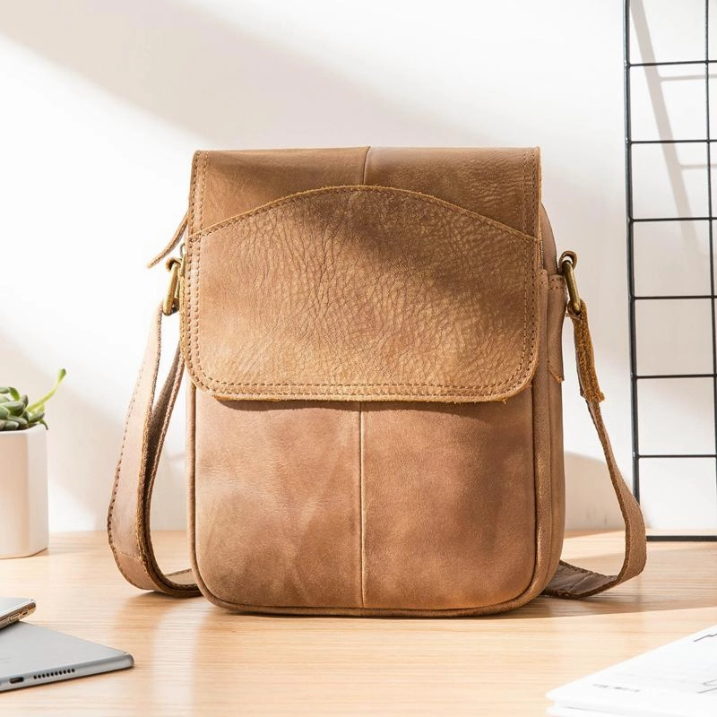Camel Leather Mens Vertical Mini Side Bag Small Messenger Bags Courier Bag for Men Urban Function