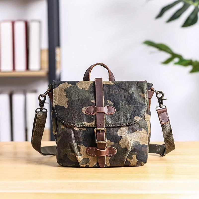 Functional Companion Camouflage Waxed Canvas Leather Mens Waterproof Side Bag Postman Bag Messenger Bag for Men