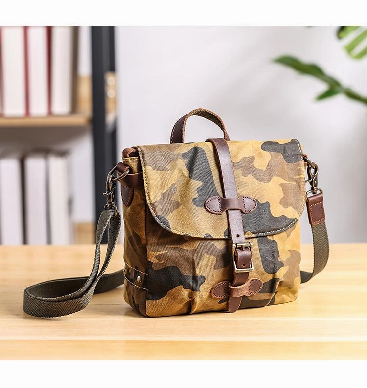Camouflage Waxed Canvas Leather Mens Waterproof Side Bag Postman Bag Messenger Bag for Men Minimalist Style
