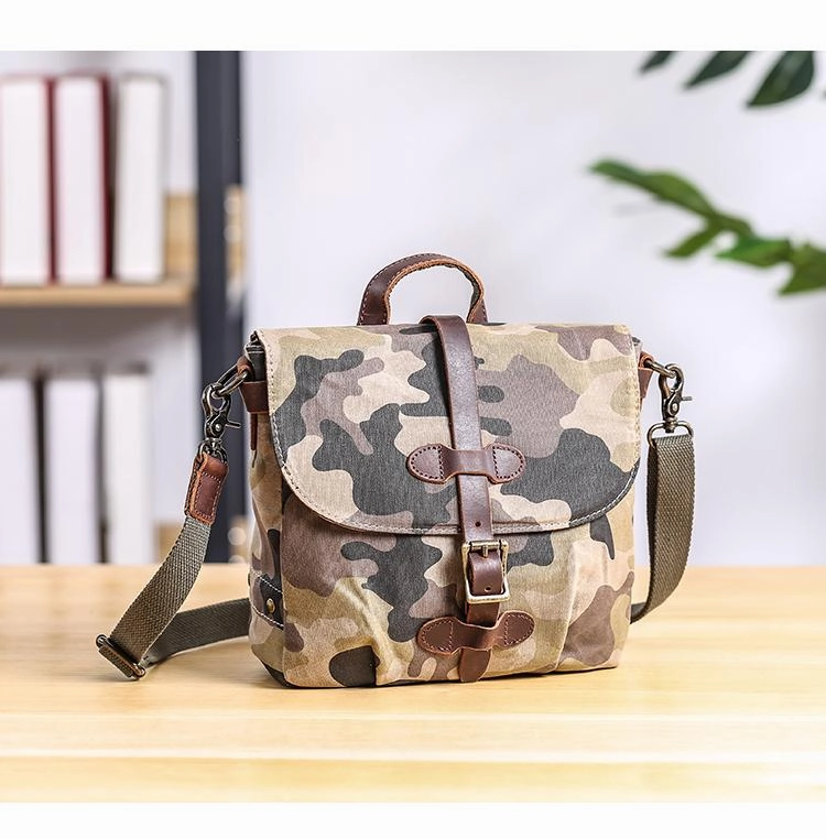 Camouflage Waxed Canvas Leather Mens Waterproof Side Bag Postman Bag Messenger Bag for Men Minimalist Reliability Sporty Vibe