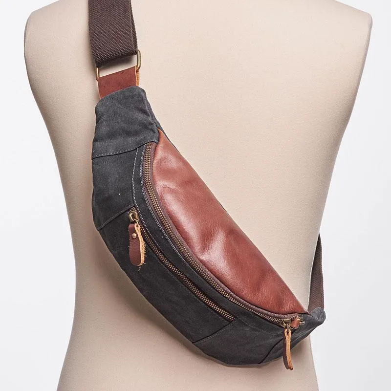 Luxury Innovation Casual Use Canvas Leather Mens Fanny Pack Canvas Waist Bag Small Canvas Chest Bag for Men