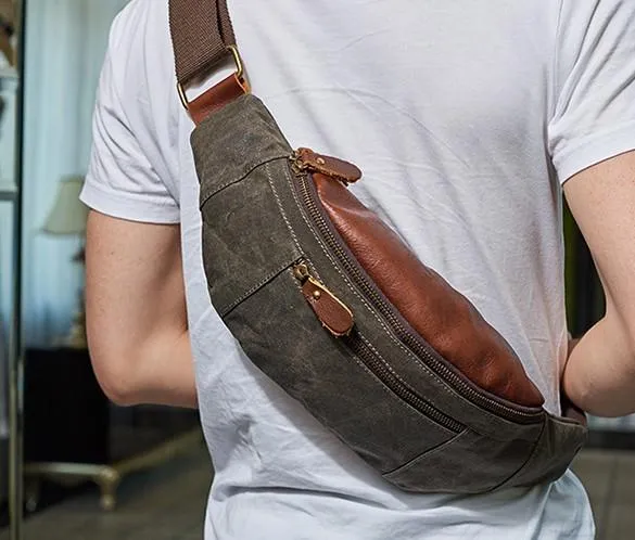 Canvas Leather Mens Fanny Pack Canvas Waist Bag Small Canvas Chest Bag for Men Compact Aesthetic