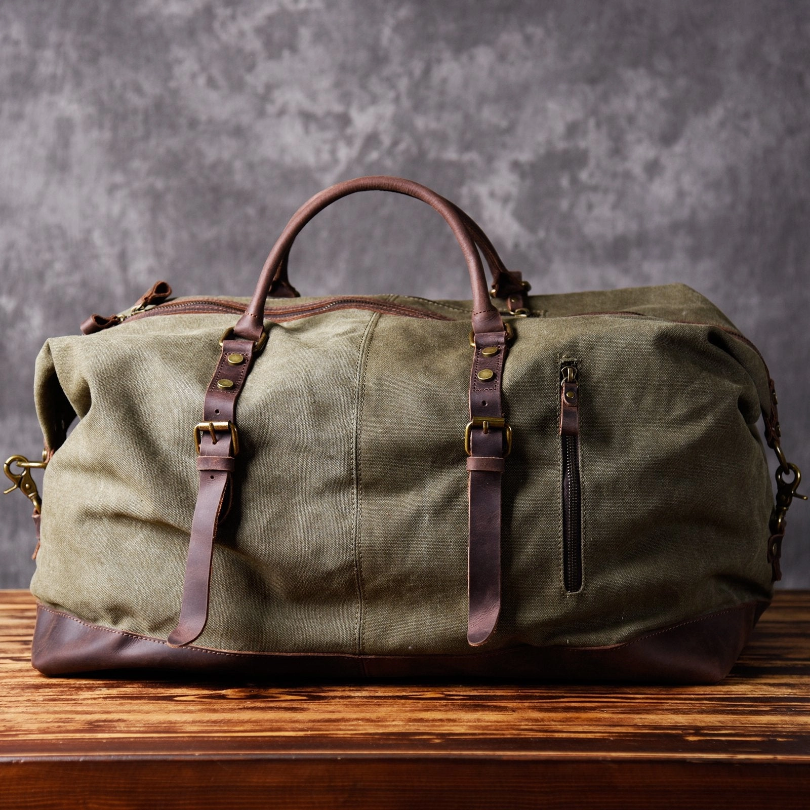 Quick-Release Design Canvas and Leather Duffle Bag Weekender Duffle Bag Green Canvas Duffle Bag Waxed Canvas Duffle Bag