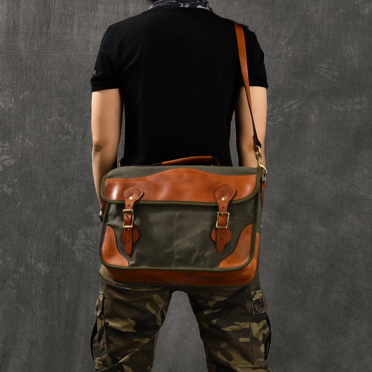 Canvas Leather Mens 14???? Army Green Briefcase Side Bag Retro Messenger Bag Shoulder Bag For Men Minimal Gear Outdoor Activity