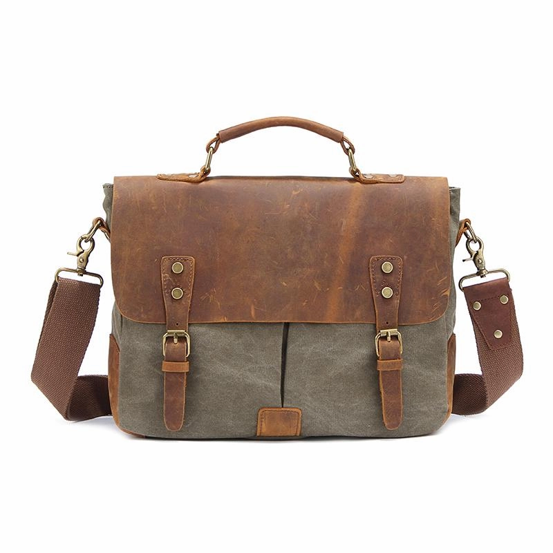 Compact Performance Elegant Durability Canvas Leather Mens 14" Simple Khaki Briefcase Side Bag Lake Green Messenger Bag Brown Shoulder Bag for Men