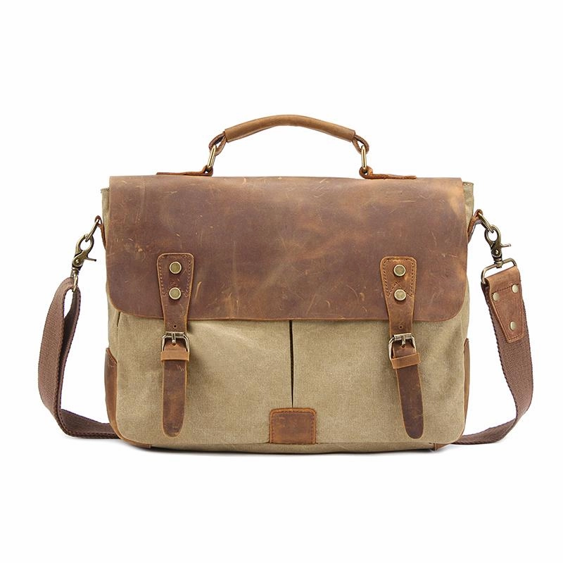 Canvas Leather Mens 14" Simple Khaki Briefcase Side Bag Lake Green Messenger Bag Brown Shoulder Bag for Men Easy Access Water Resistant