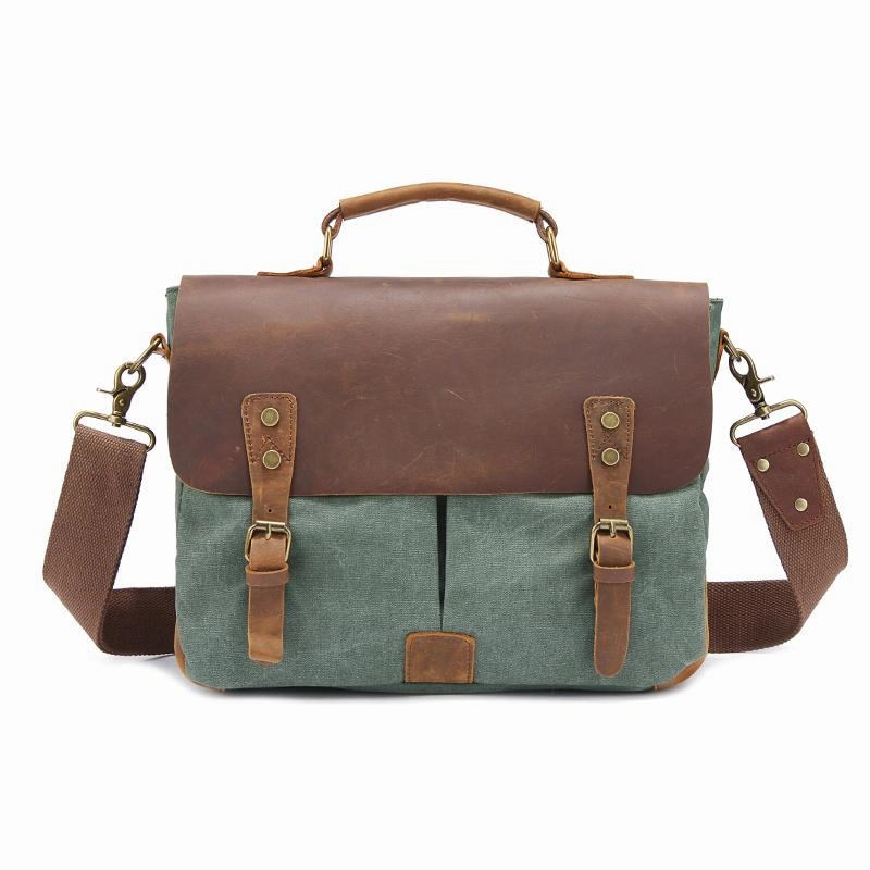 Simple Gear Stylish Function Canvas Leather Mens 14" Simple Khaki Briefcase Side Bag Lake Green Messenger Bag Brown Shoulder Bag for Men