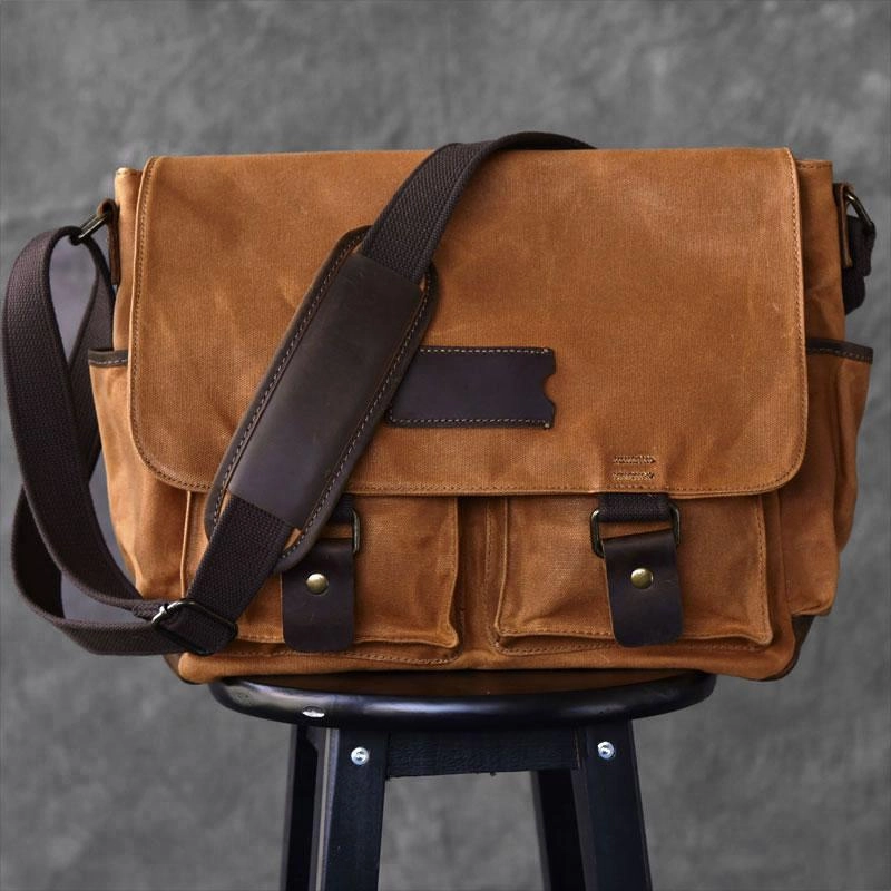 Canvas Leather Mens Large Khaki Side Bag 14'' Brown Messenger Bag Shoulder Bag For Men Durable Build Durable Companion
