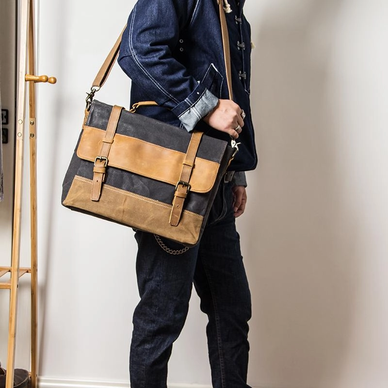 Trendy Look Portable Comfort Canvas Leather Mens Side Bag Black 14'' Briefcase Gray Postman Bag Messenger Bag for Men