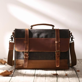 Canvas Leather Mens Side Bag Gray 14'' Briefcase Postman Bag Messenger Bag for Men Modern Journey Classic Companion