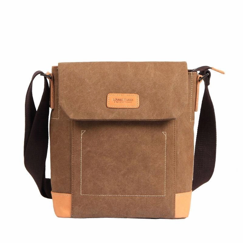 Canvas Leather Mens Vertical Side Bag Small Messenger Bags Khaki Canvas Courier Bags for Men Functional Form Daily Gear