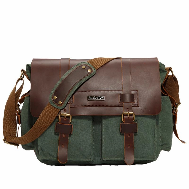 Lightweight Functionality Canvas Leather Mens Vintage Khaki Travel Side Bag Green Messenger Bag Brown Courier Bag for Men