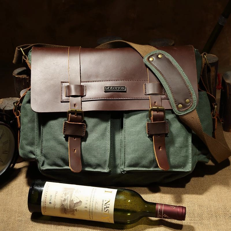 Canvas Leather Mens Vintage Khaki Travel Side Bag Green Messenger Bag Brown Courier Bag for Men Urban Gear Compact Lifestyle