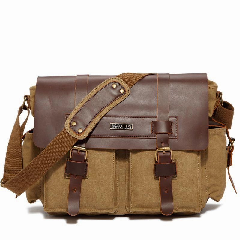 Canvas Leather Mens Vintage Khaki Travel Side Bag Green Messenger Bag Brown Courier Bag for Men Work Routine Casual Outfit