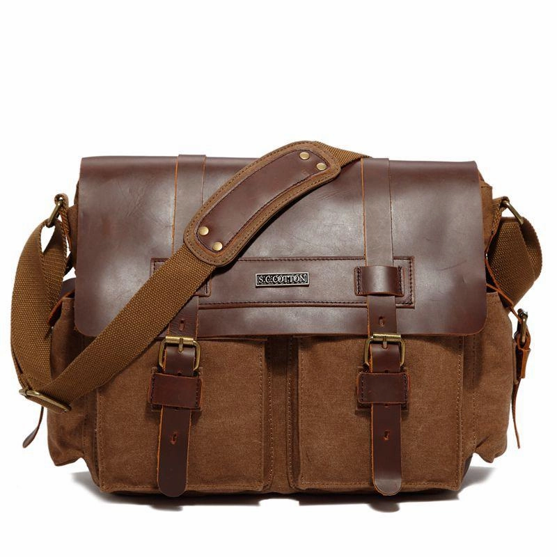 Canvas Leather Mens Vintage Khaki Travel Side Bag Green Messenger Bag Brown Courier Bag for Men Adjustable Strap