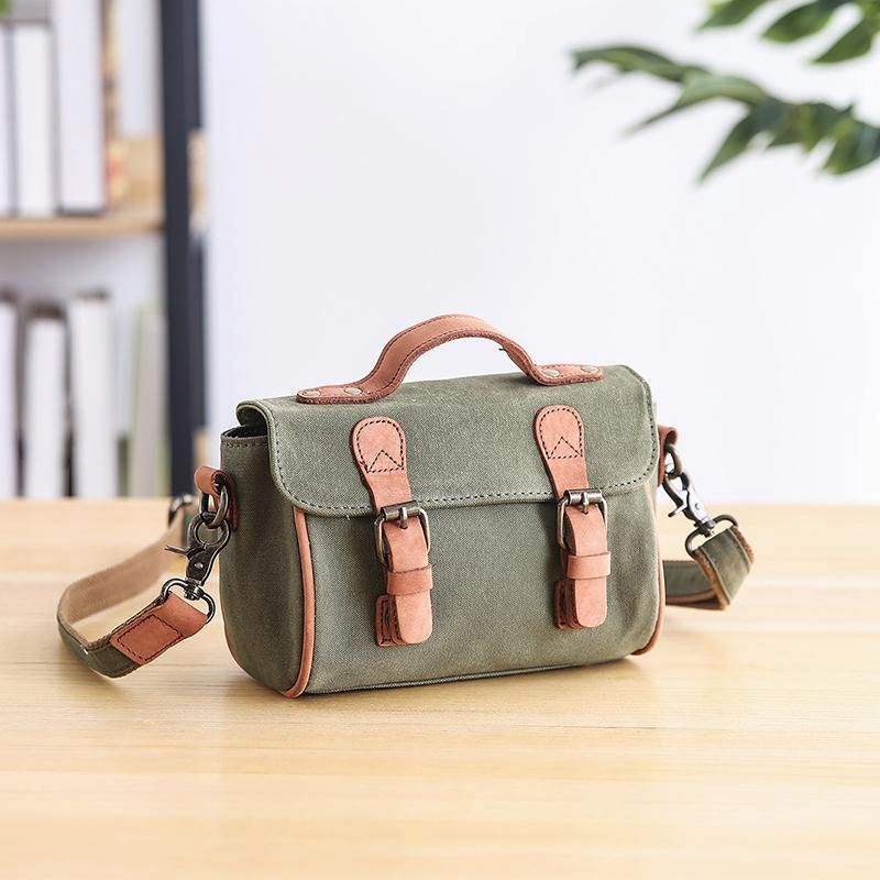 Functional Design Canvas Leather Womens Green handbag Side Bag Khaki Messenger Bag Small Shoulder Bag For Men