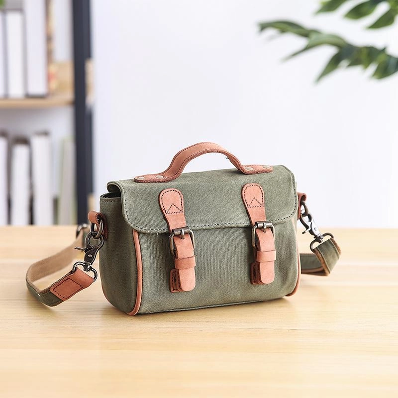 Smart Line Stylish Gear Canvas Leather Womens Green handbag Side Bag Khaki Messenger Bag Small Shoulder Bag For Men