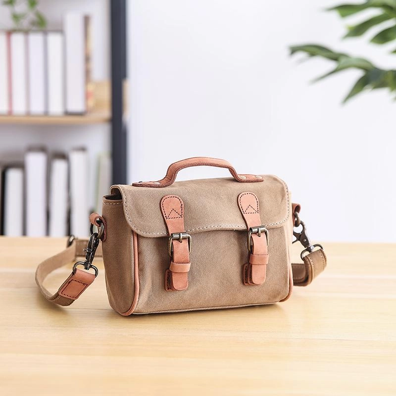 Canvas Leather Womens Green handbag Side Bag Khaki Messenger Bag Small Shoulder Bag For Men Magnetic Snap
