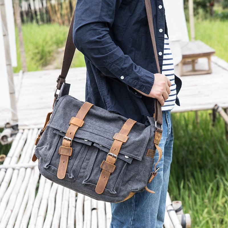 Sporty Look Canvas Mens 14'' Side Bag Courier Bag Gray Postman Bag Messenger Bag for Men