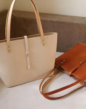 Handmade vintage beige leather normal size tote bag shoulder bag handbag for women Minimal Style