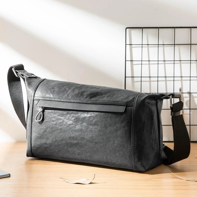 Utility Focus Casual Black Leather Mens 11 inches Side Bag Postman Bag Black Messenger Bags for Men