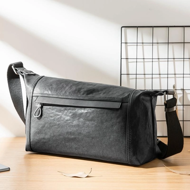Casual Black Leather Mens 11 inches Side Bag Postman Bag Black Messenger Bags for Men Comfort Everyday Daily Companion